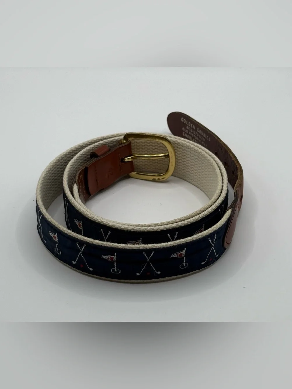 Leather Man Navy Golf Needlepoint Belt Size 42 Canvas Leather Trim Golf Club